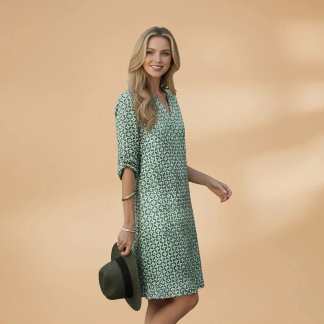 Green Women's Loose Fit Short Sleeve Dress — Lauren Geometric V-Neck Pockets - Side Pose