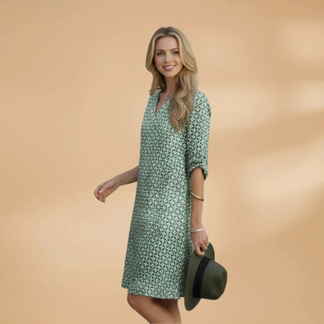 Green Women's Loose Fit Short Sleeve Dress — Lauren Geometric V-Neck Pockets - Three Quarter Angle