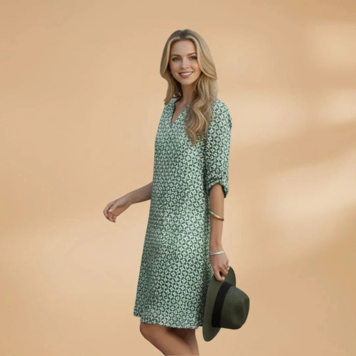 Green Women's Loose Fit Short Sleeve Dress — Lauren Geometric V-Neck Pockets - Three Quarter Angle