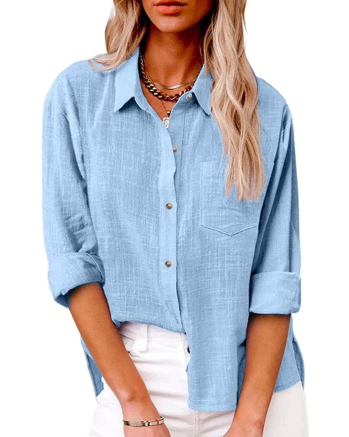 Lichtblauw Women's Oversized Button Down Shirt — Blakely Relaxed Fit Cotton - Front Pose