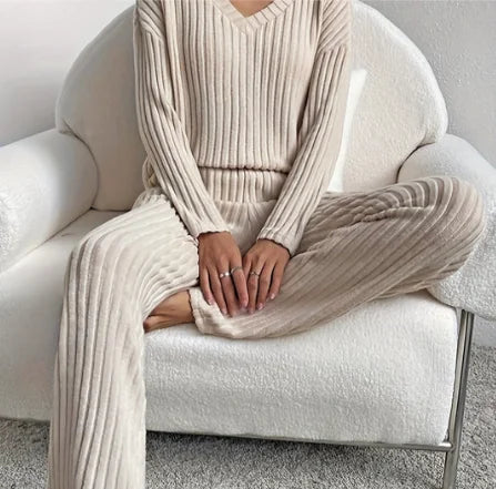 Beige Women's Ribbed Lounge Set — Riley Two-Piece Matching Knit - Front Full
