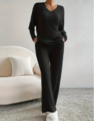 Black Women's Ribbed Lounge Set — Riley Two-Piece Matching Knit - Side Pose