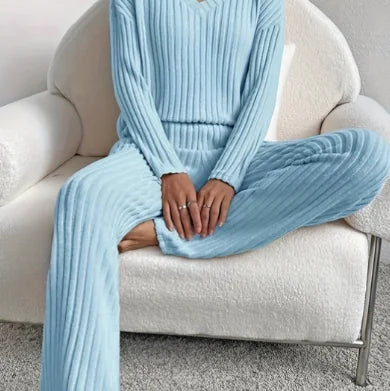Blue Women's Ribbed Lounge Set — Riley Two-Piece Matching Knit - Seated Pose