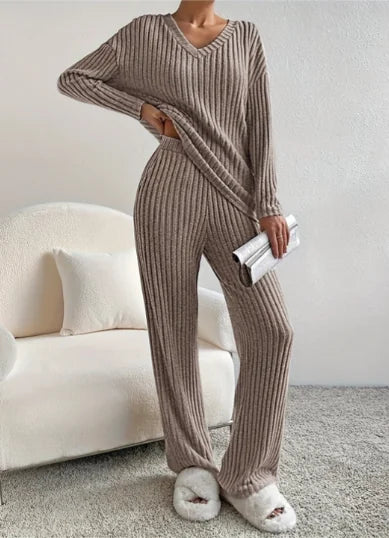 Brown Women's Ribbed Lounge Set — Riley Two-Piece Matching Knit - Lifestyle Pose