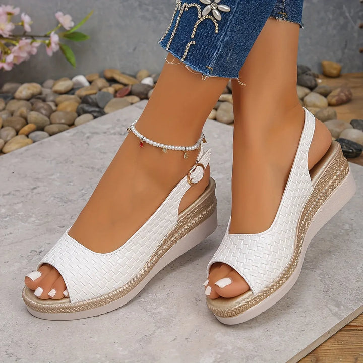 White Women's Woven Slingback Wedge Sandals — Cherie Platform Espadrille - Model Pose