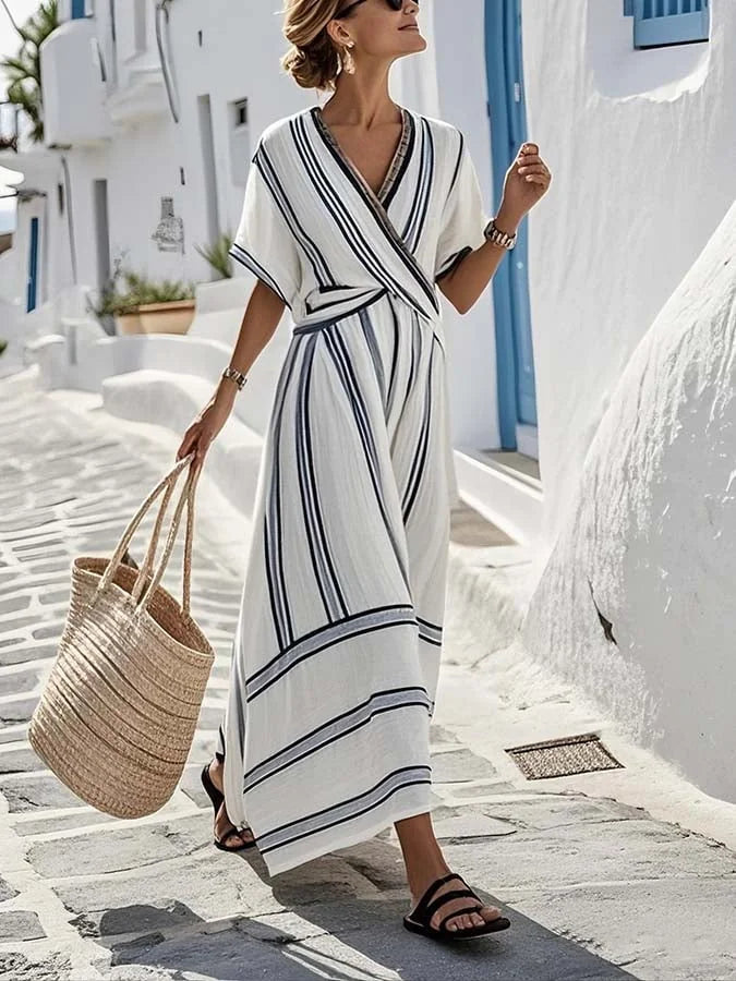 White Striped Holiday Dress With Wrap V-Neck - Front Full